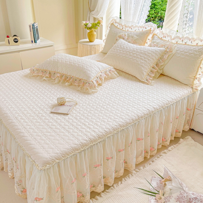 91家纺网 家纺一手货源 找家纺 罗艺轩 2025新款全棉蕾丝刺绣单床裙-小香玫瑰 小香玫瑰-奶白