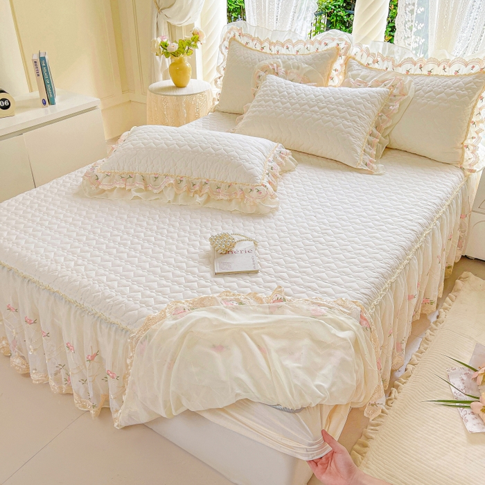 91家纺网 家纺一手货源 找家纺 罗艺轩 2025新款全棉蕾丝刺绣单床裙-小香玫瑰 小香玫瑰-奶白