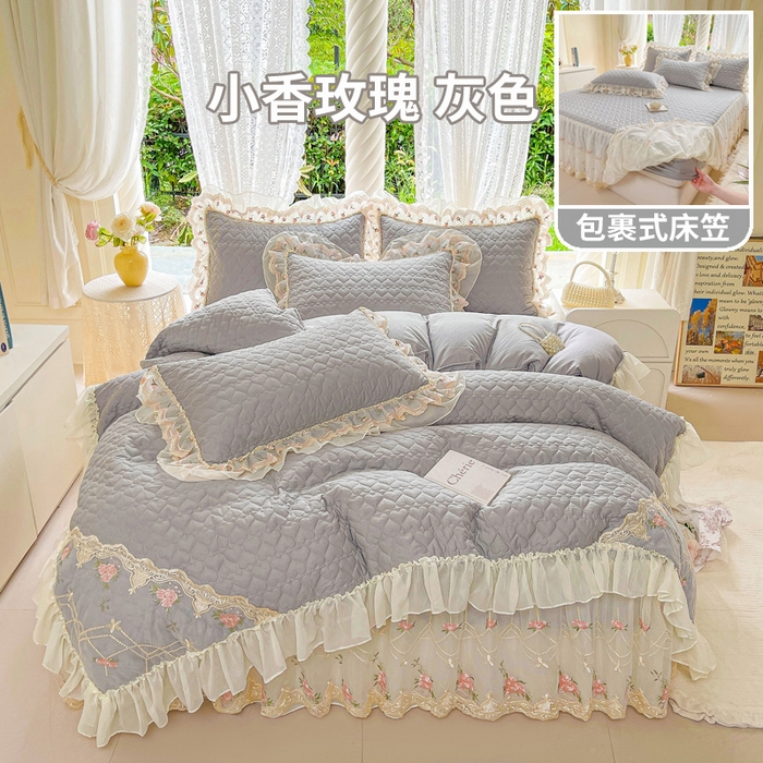 罗艺轩 2025新款全棉蕾丝刺绣床裙四件套-小香玫瑰 小香玫瑰-灰色