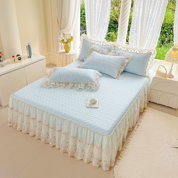 91家纺网 家纺一手货源 找家纺 罗艺轩 2025新款全棉蕾丝刺绣单床裙-小香玫瑰 小香玫瑰-天蓝