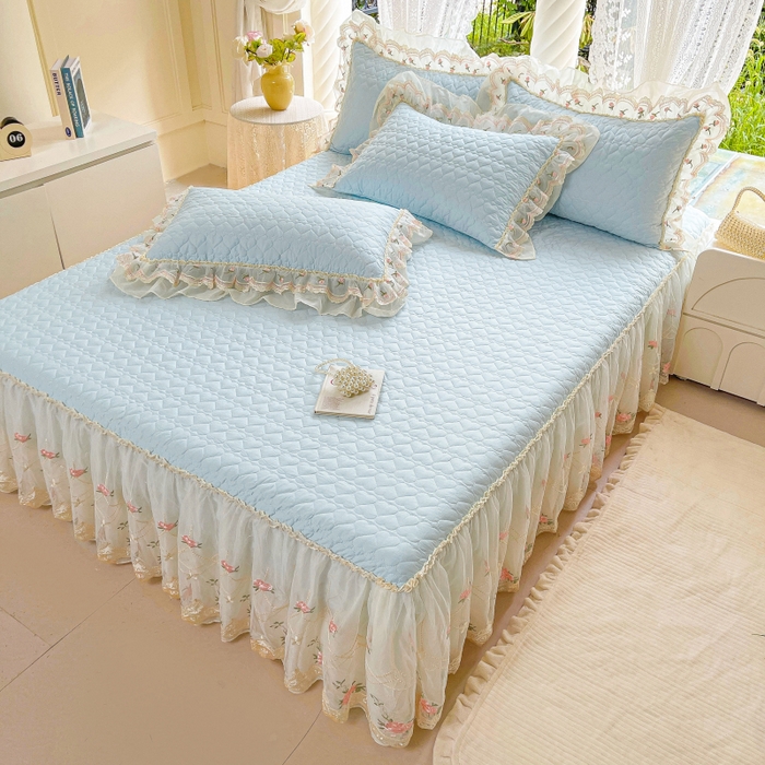 91家纺网 家纺一手货源 找家纺 罗艺轩 2025新款全棉蕾丝刺绣单床裙-小香玫瑰 小香玫瑰-天蓝