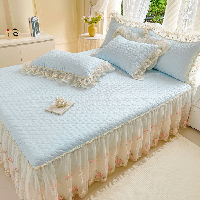 91家纺网 家纺一手货源 找家纺 罗艺轩 2025新款全棉蕾丝刺绣单床裙-小香玫瑰 小香玫瑰-天蓝