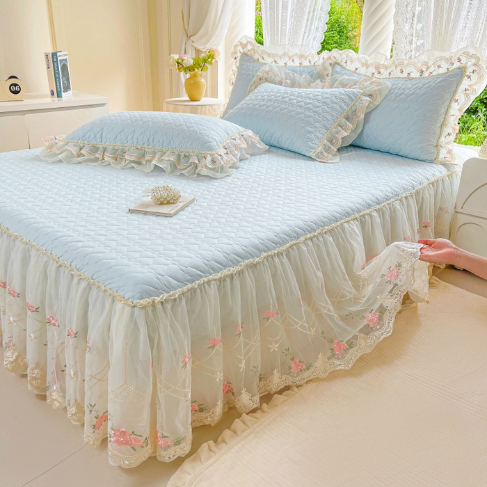 91家纺网 家纺一手货源 找家纺 罗艺轩 2025新款全棉蕾丝刺绣单床裙-小香玫瑰 小香玫瑰-天蓝