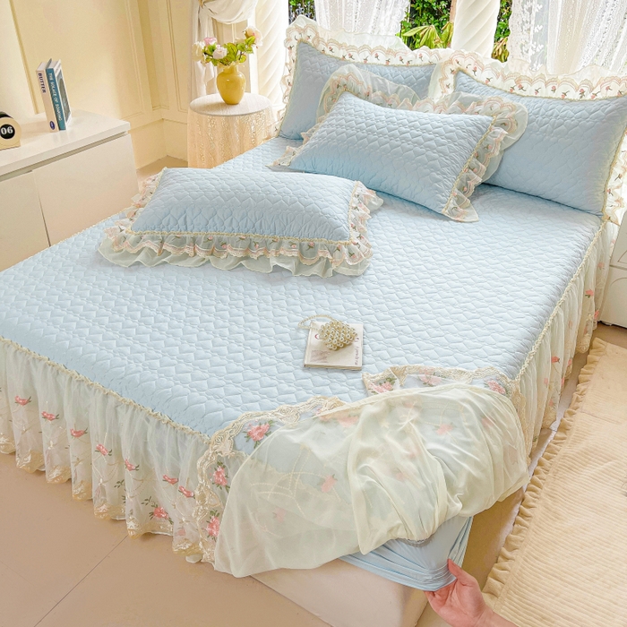 91家纺网 家纺一手货源 找家纺 罗艺轩 2025新款全棉蕾丝刺绣单床裙-小香玫瑰 小香玫瑰-天蓝