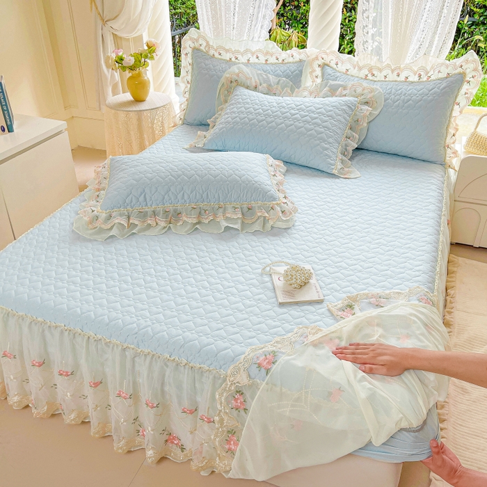 91家纺网 家纺一手货源 找家纺 罗艺轩 2025新款全棉蕾丝刺绣单床裙-小香玫瑰 小香玫瑰-天蓝