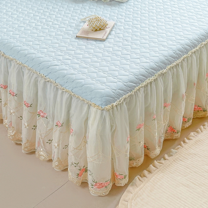 91家纺网 家纺一手货源 找家纺 罗艺轩 2025新款全棉蕾丝刺绣单床裙-小香玫瑰 小香玫瑰-天蓝