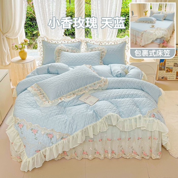 罗艺轩 2025新款全棉蕾丝刺绣床裙四件套-小香玫瑰 小香玫瑰-天蓝