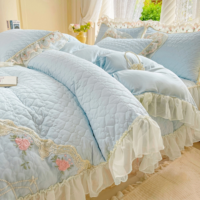 91家纺网 家纺一手货源 找家纺 罗艺轩 2025新款全棉蕾丝刺绣床裙四件套-小香玫瑰 小香玫瑰-天蓝