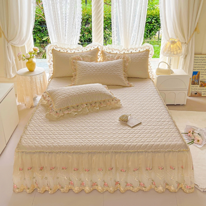 91家纺网 家纺一手货源 找家纺 罗艺轩 2025新款全棉蕾丝刺绣单床裙-小香玫瑰 小香玫瑰-香槟