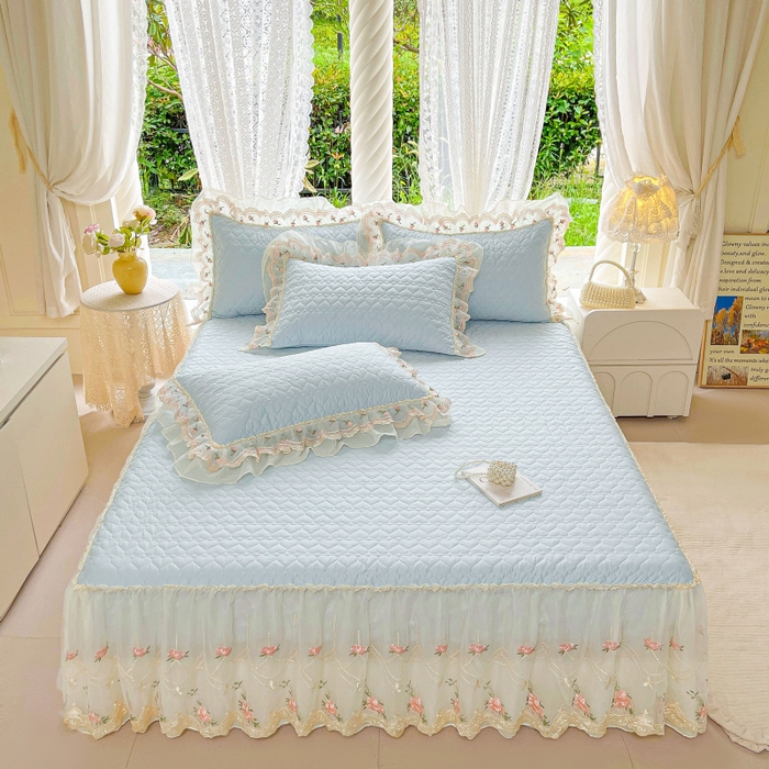 91家纺网 家纺一手货源 找家纺 罗艺轩 2025新款全棉蕾丝刺绣床裙四件套-小香玫瑰 小香玫瑰-天蓝