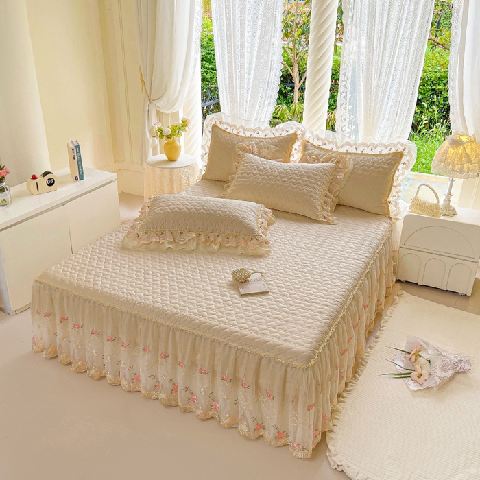 91家纺网 家纺一手货源 找家纺 罗艺轩 2025新款全棉蕾丝刺绣单床裙-小香玫瑰 小香玫瑰-香槟