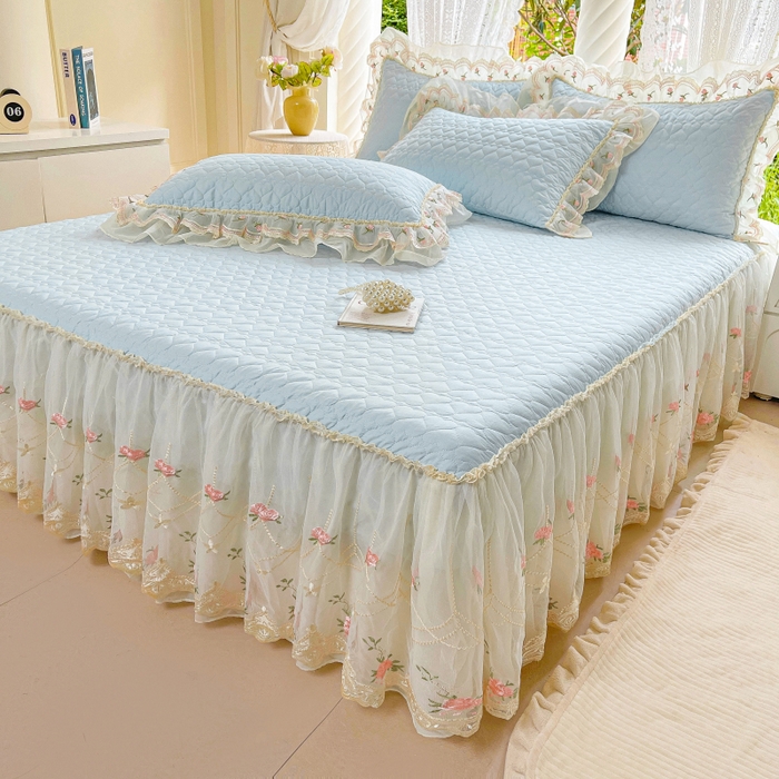 91家纺网 家纺一手货源 找家纺 罗艺轩 2025新款全棉蕾丝刺绣床裙四件套-小香玫瑰 小香玫瑰-天蓝