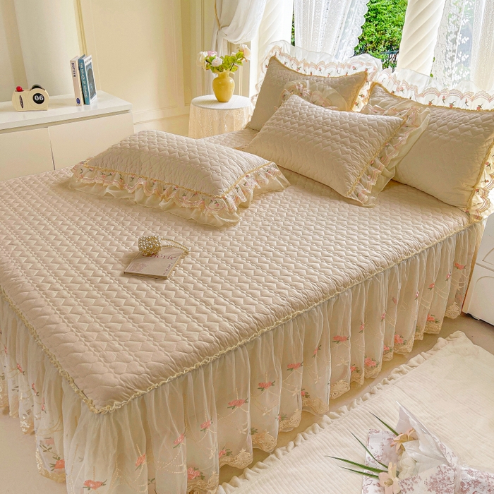 91家纺网 家纺一手货源 找家纺 罗艺轩 2025新款全棉蕾丝刺绣单床裙-小香玫瑰 小香玫瑰-香槟