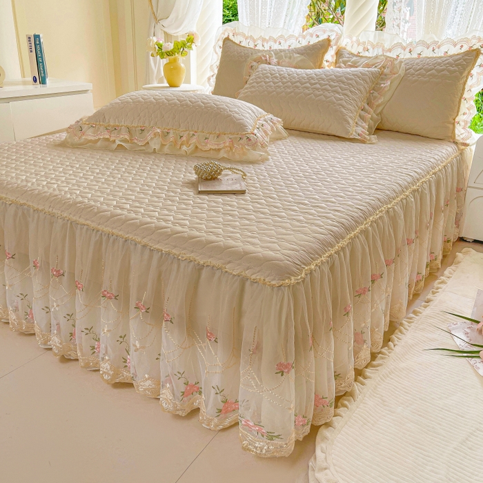 91家纺网 家纺一手货源 找家纺 罗艺轩 2025新款全棉蕾丝刺绣单床裙-小香玫瑰 小香玫瑰-香槟