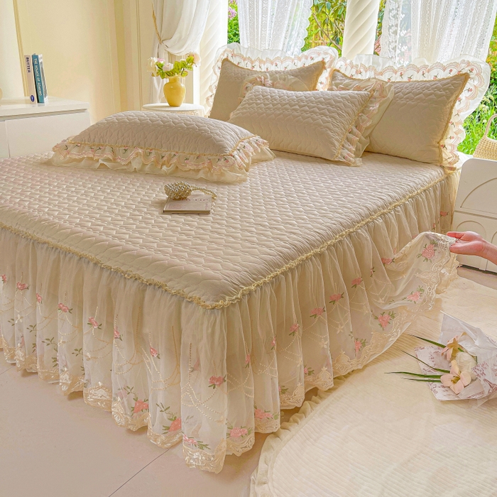 91家纺网 家纺一手货源 找家纺 罗艺轩 2025新款全棉蕾丝刺绣单床裙-小香玫瑰 小香玫瑰-香槟