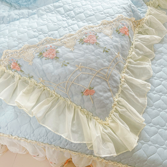 91家纺网 家纺一手货源 找家纺 罗艺轩 2025新款全棉蕾丝刺绣床裙四件套-小香玫瑰 小香玫瑰-天蓝