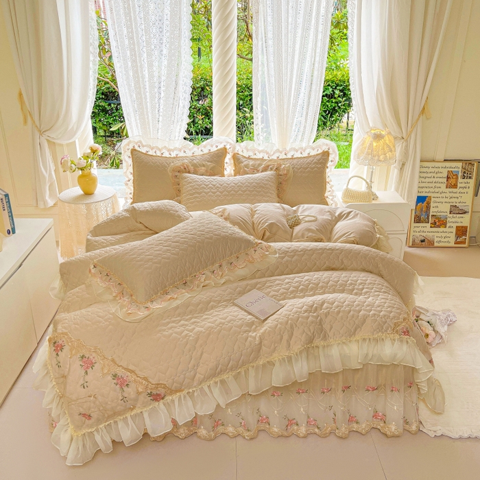 91家纺网 家纺一手货源 找家纺 罗艺轩 2025新款全棉蕾丝刺绣床裙四件套-小香玫瑰 小香玫瑰-香槟