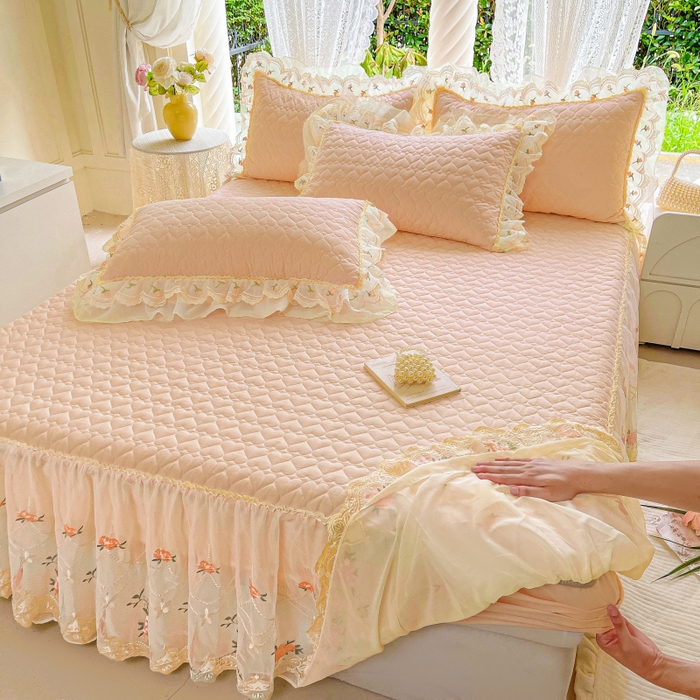 91家纺网 家纺一手货源 找家纺 罗艺轩 2025新款全棉蕾丝刺绣单床裙-小香玫瑰 小香玫瑰-玉色