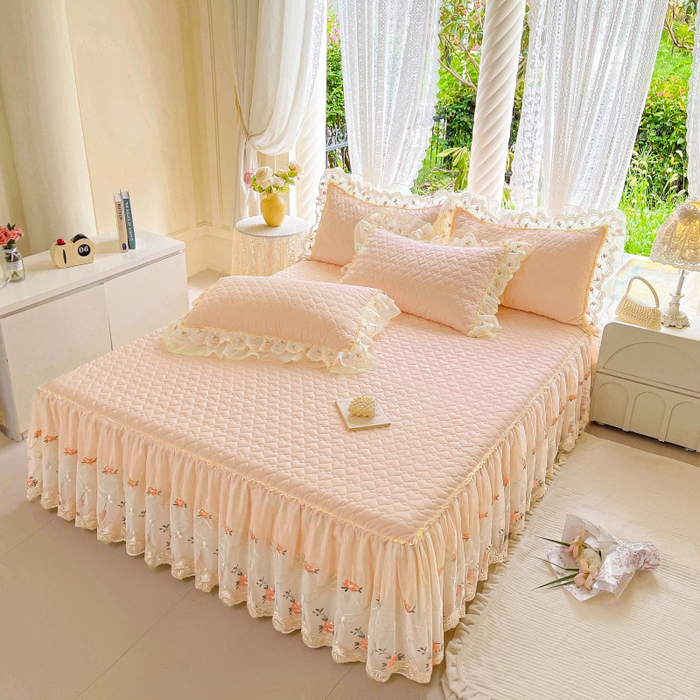 91家纺网 家纺一手货源 找家纺 罗艺轩 2025新款全棉蕾丝刺绣单床裙-小香玫瑰 小香玫瑰-玉色