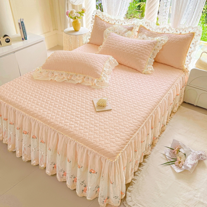 91家纺网 家纺一手货源 找家纺 罗艺轩 2025新款全棉蕾丝刺绣单床裙-小香玫瑰 小香玫瑰-玉色