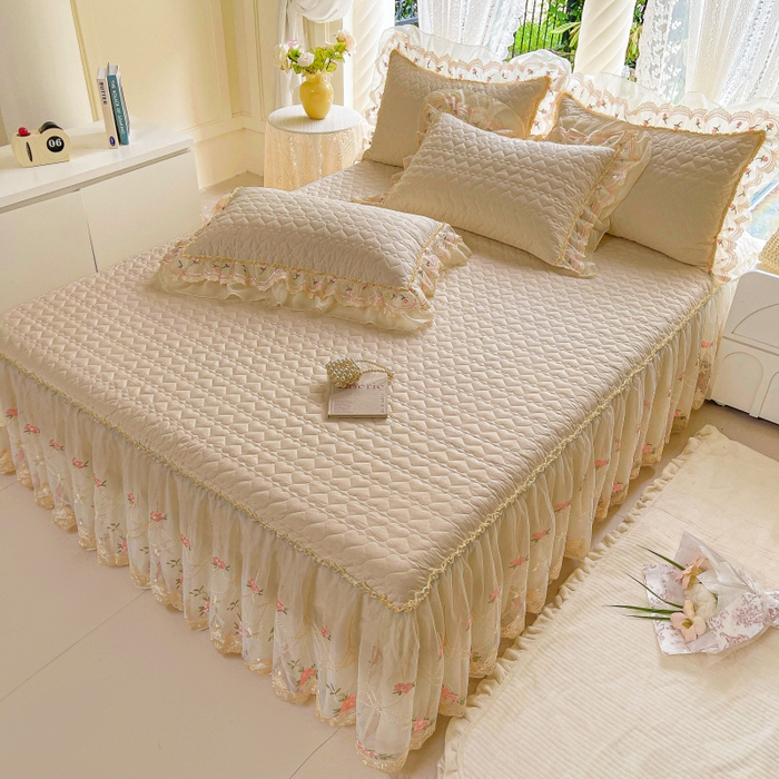 91家纺网 家纺一手货源 找家纺 罗艺轩 2025新款全棉蕾丝刺绣床裙四件套-小香玫瑰 小香玫瑰-香槟