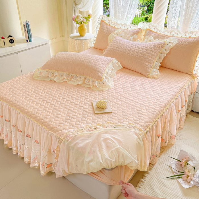 91家纺网 家纺一手货源 找家纺 罗艺轩 2025新款全棉蕾丝刺绣单床裙-小香玫瑰 小香玫瑰-玉色