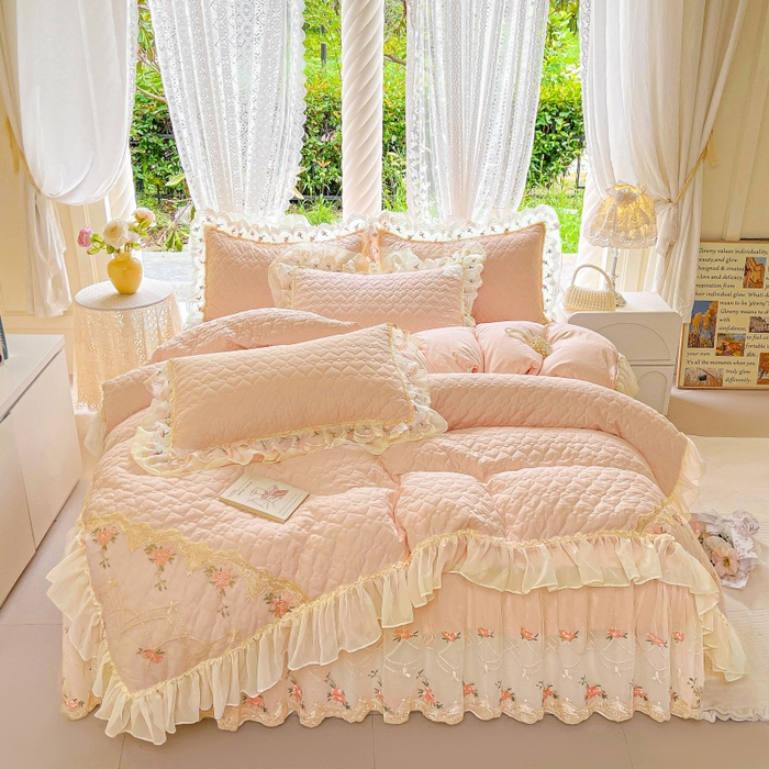 91家纺网 家纺一手货源 找家纺 罗艺轩 2025新款全棉蕾丝刺绣床裙四件套-小香玫瑰 小香玫瑰-玉色