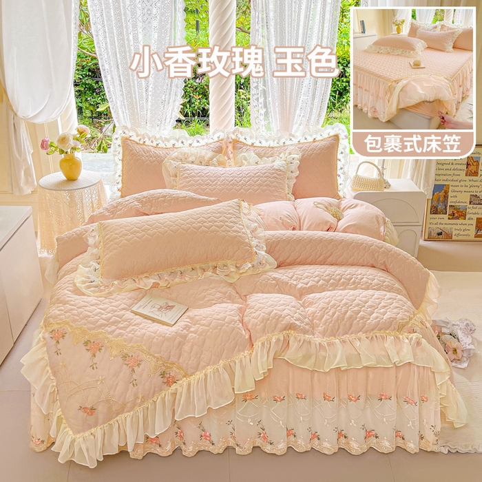 罗艺轩 2025新款全棉蕾丝刺绣床裙四件套-小香玫瑰 小香玫瑰-玉色
