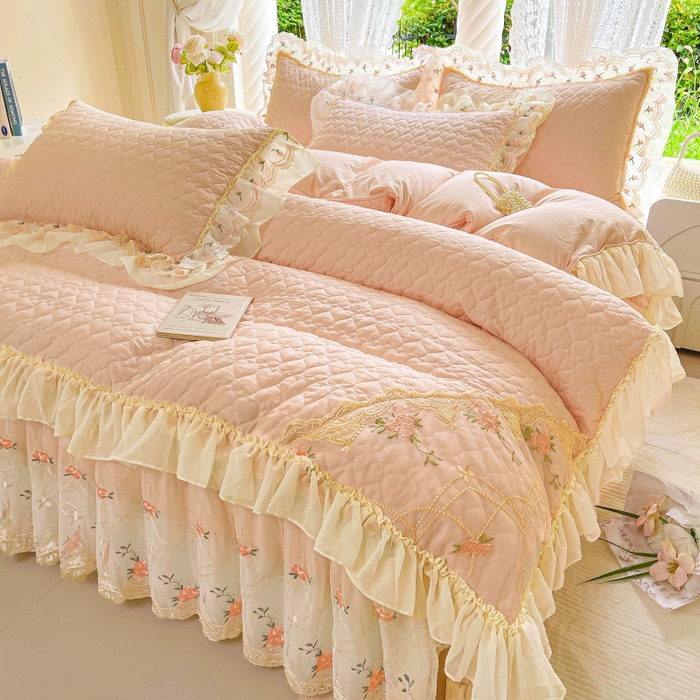 91家纺网 家纺一手货源 找家纺 罗艺轩 2025新款全棉蕾丝刺绣床裙四件套-小香玫瑰 小香玫瑰-玉色