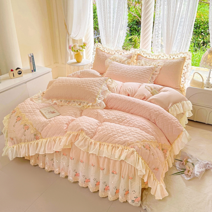 91家纺网 家纺一手货源 找家纺 罗艺轩 2025新款全棉蕾丝刺绣床裙四件套-小香玫瑰 小香玫瑰-玉色