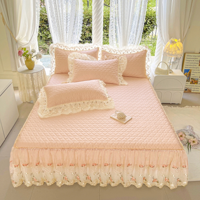 91家纺网 家纺一手货源 找家纺 罗艺轩 2025新款全棉蕾丝刺绣床裙四件套-小香玫瑰 小香玫瑰-玉色