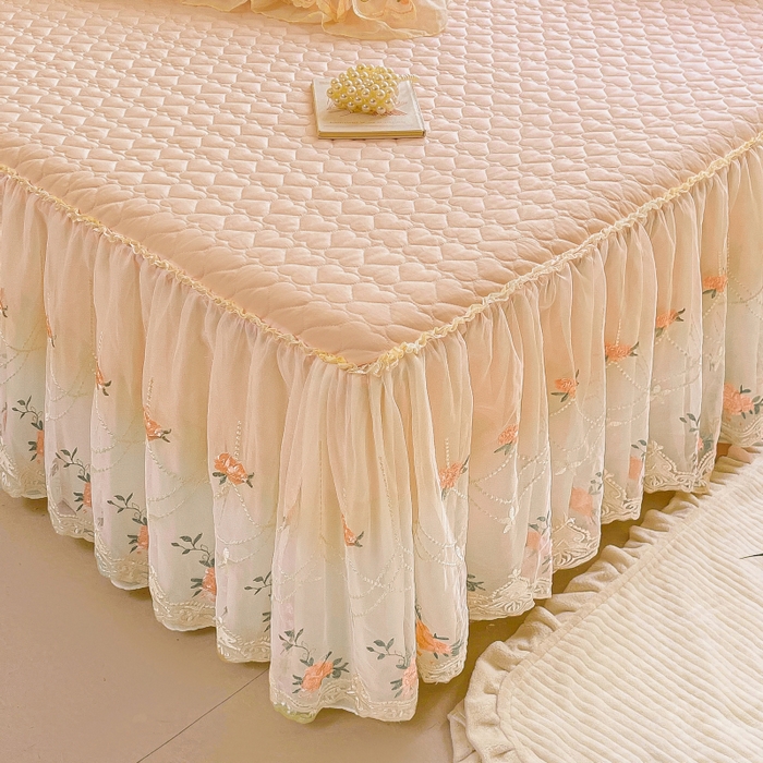 91家纺网 家纺一手货源 找家纺 罗艺轩 2025新款全棉蕾丝刺绣床裙四件套-小香玫瑰 小香玫瑰-玉色