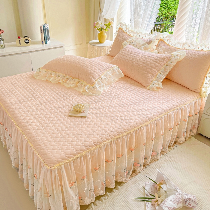 91家纺网 家纺一手货源 找家纺 罗艺轩 2025新款全棉蕾丝刺绣床裙四件套-小香玫瑰 小香玫瑰-玉色