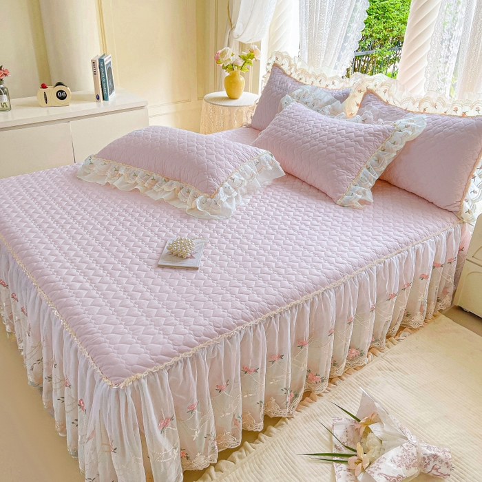 91家纺网 家纺一手货源 找家纺 罗艺轩 2025新款全棉蕾丝刺绣单床裙-小香玫瑰 小香玫瑰-紫色