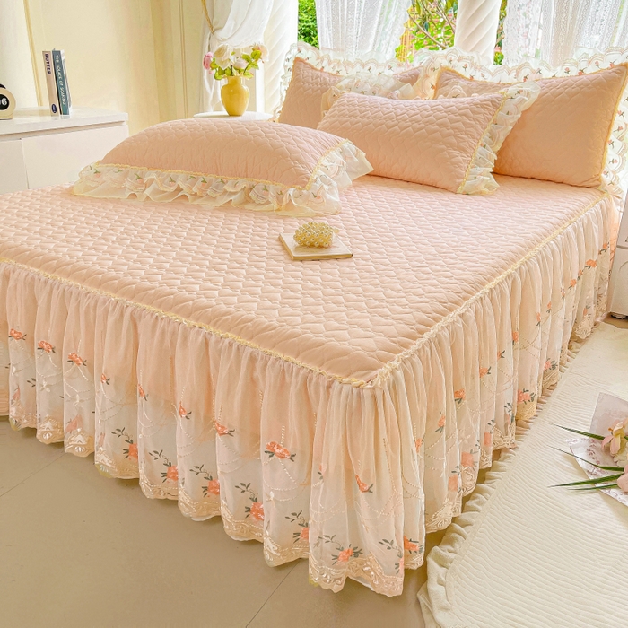 91家纺网 家纺一手货源 找家纺 罗艺轩 2025新款全棉蕾丝刺绣床裙四件套-小香玫瑰 小香玫瑰-玉色