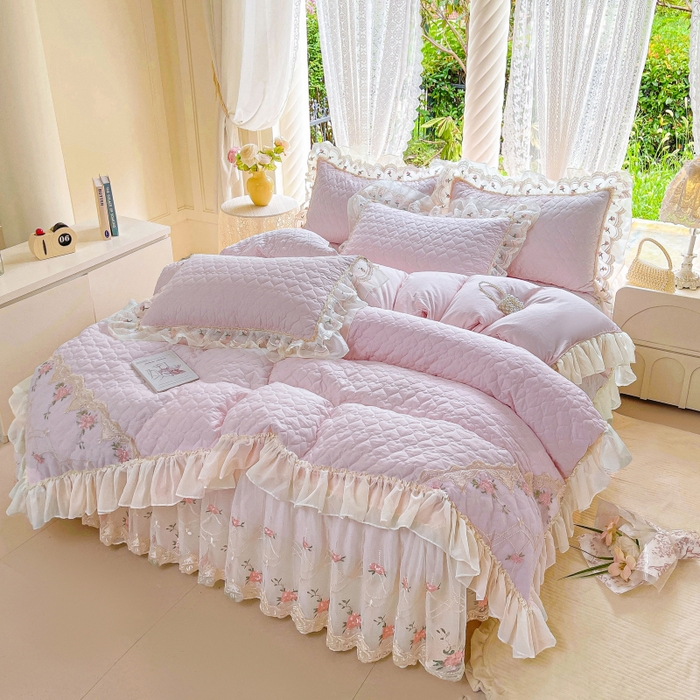 91家纺网 家纺一手货源 找家纺 罗艺轩 2025新款全棉蕾丝刺绣床裙四件套-小香玫瑰 小香玫瑰-紫色