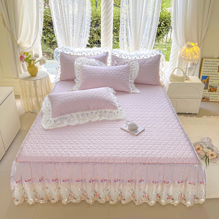 91家纺网 家纺一手货源 找家纺 罗艺轩 2025新款全棉蕾丝刺绣床裙四件套-小香玫瑰 小香玫瑰-紫色