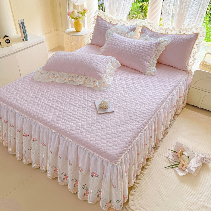 91家纺网 家纺一手货源 找家纺 罗艺轩 2025新款全棉蕾丝刺绣床裙四件套-小香玫瑰 小香玫瑰-紫色