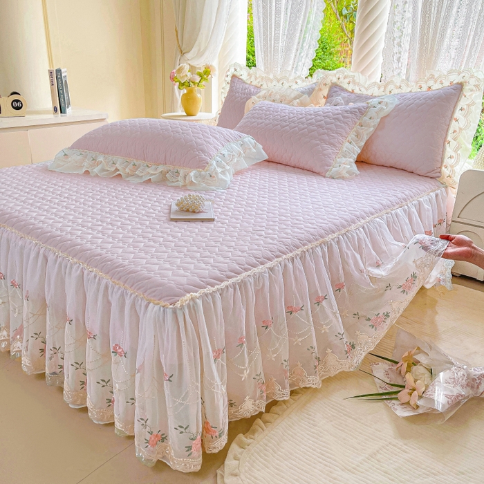 91家纺网 家纺一手货源 找家纺 罗艺轩 2025新款全棉蕾丝刺绣床裙四件套-小香玫瑰 小香玫瑰-紫色