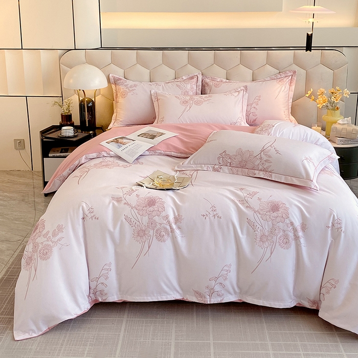 91家纺网 家纺一手货源 找家纺 梧桐树 2025新款轻奢新疆棉加厚磨毛四件套 镜花水月粉