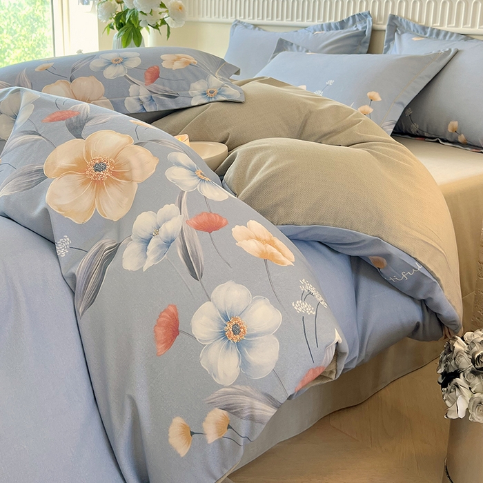 91家纺网 家纺一手货源 找家纺 梧桐树 2025新款轻奢新疆棉加厚磨毛四件套 潘多拉蓝