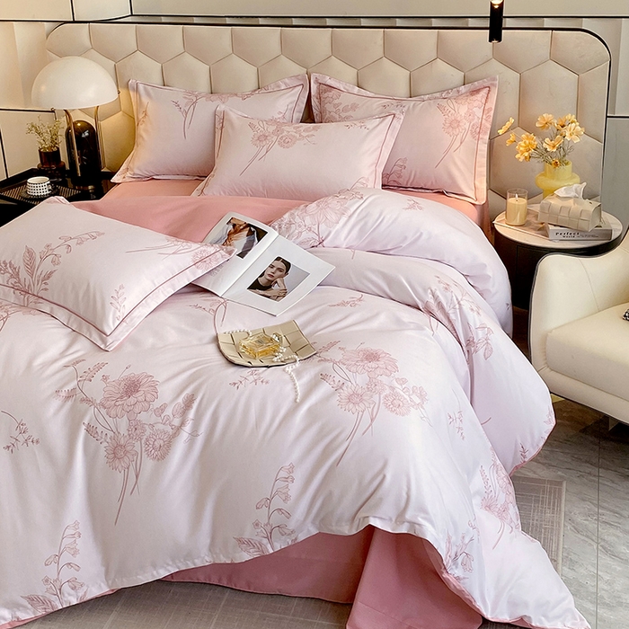 91家纺网 家纺一手货源 找家纺 梧桐树 2025新款轻奢新疆棉加厚磨毛四件套 镜花水月粉