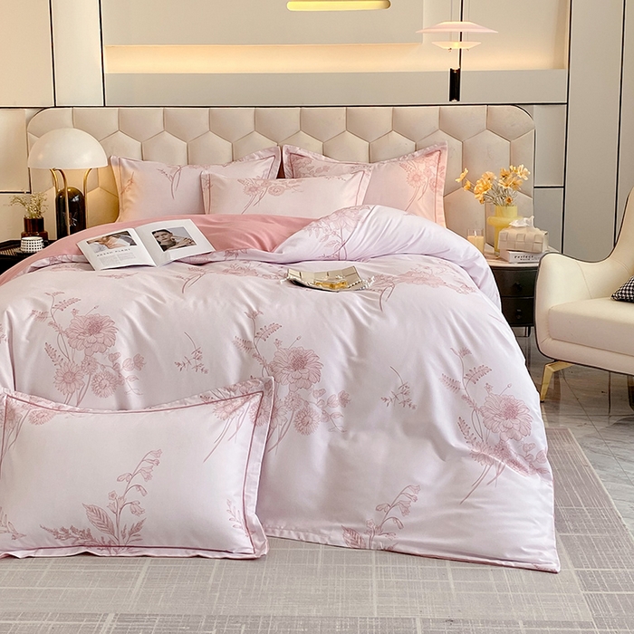 91家纺网 家纺一手货源 找家纺 梧桐树 2025新款轻奢新疆棉加厚磨毛四件套 镜花水月粉