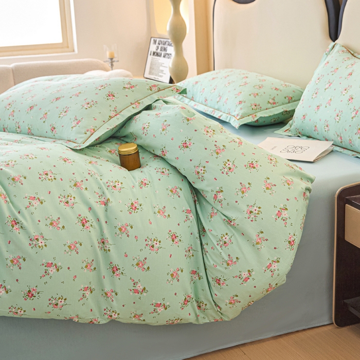 91家纺网 家纺一手货源 找家纺 金泰莱 2025新款全棉纯棉小清新工艺款四件套 清新薄荷