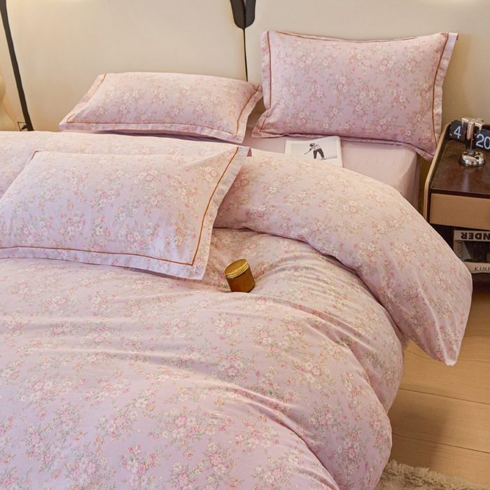 91家纺网 家纺一手货源 找家纺 金泰莱 2025新款全棉纯棉小清新工艺款四件套 樱花粉