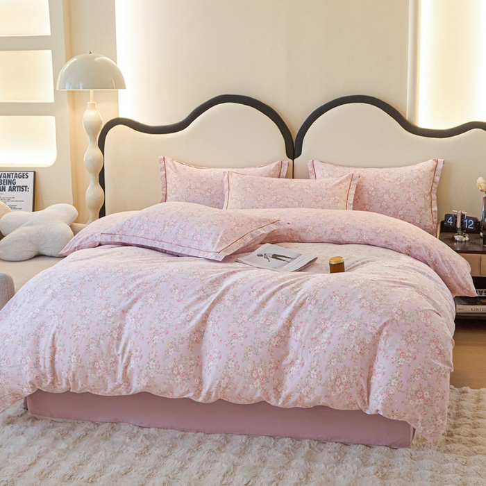 91家纺网 家纺一手货源 找家纺 金泰莱 2025新款全棉纯棉小清新工艺款四件套 樱花粉