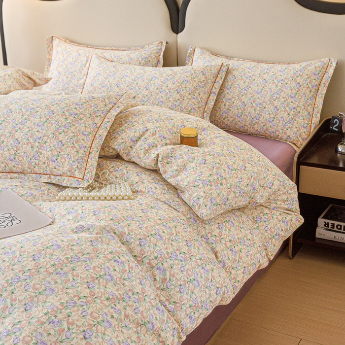 91家纺网 家纺一手货源 找家纺 金泰莱 2025新款全棉纯棉小清新工艺款四件套 郁金香