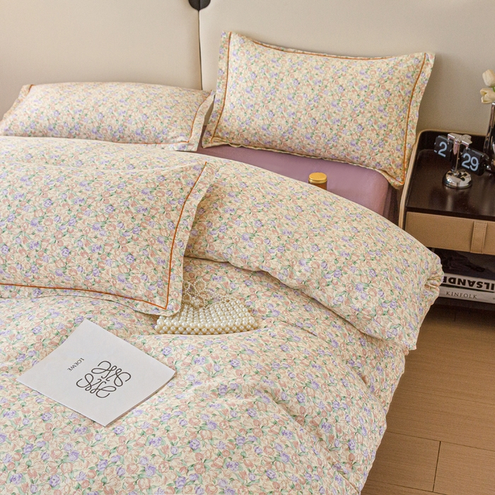 91家纺网 家纺一手货源 找家纺 金泰莱 2025新款全棉纯棉小清新工艺款四件套 郁金香