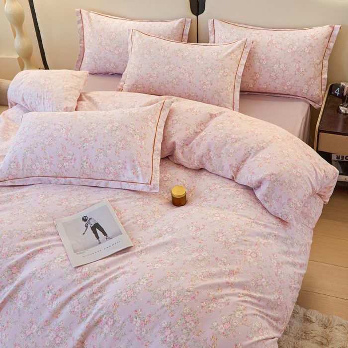 91家纺网 家纺一手货源 找家纺 棉乐町家居 2025新款全棉纯棉小清新工艺款四件套 樱花粉