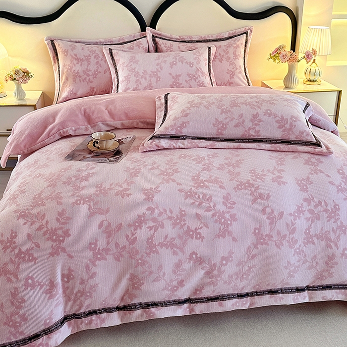 爱洛 2025新款牛奶绒四件套牛奶绒雕花四件套纯色牛奶绒四件套 枫叶-粉